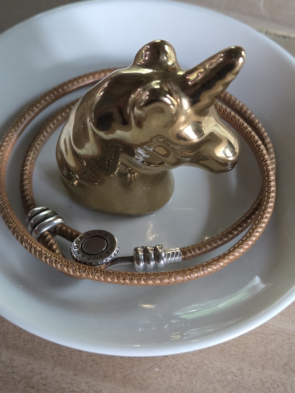 Pandora Brown Golden Tan Double Leather Bracelet Size 7.5